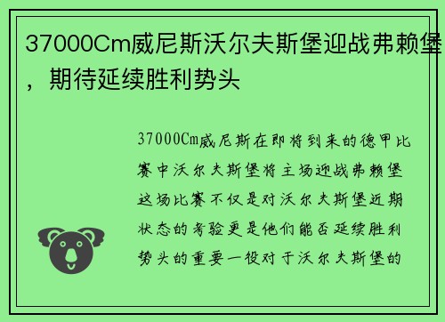 37000Cm威尼斯沃尔夫斯堡迎战弗赖堡，期待延续胜利势头